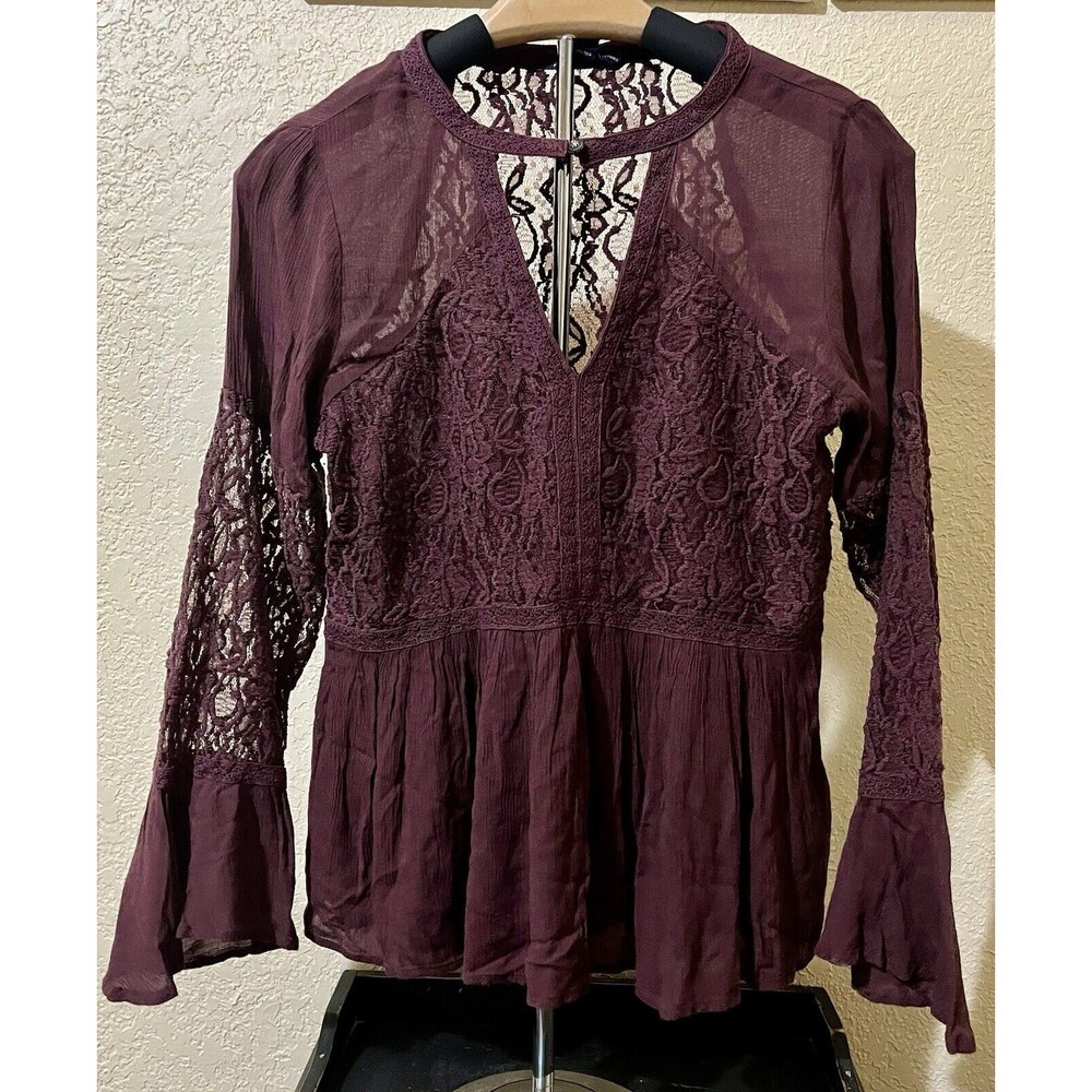 American Eagle Outfitters Women's Burgundy Long Sleeve Ruffled Lace Top Size Sm